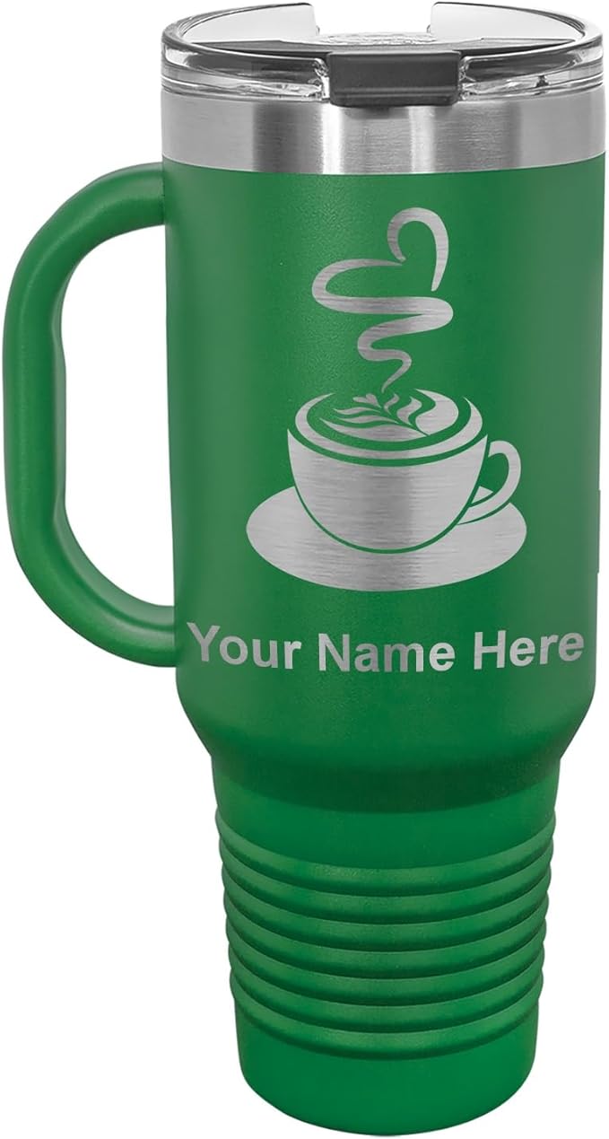 LaserGram 40oz Vacuum Insulated Travel Mug with Handle, Cup of Coffee, Personalized Engraving Included (Green)