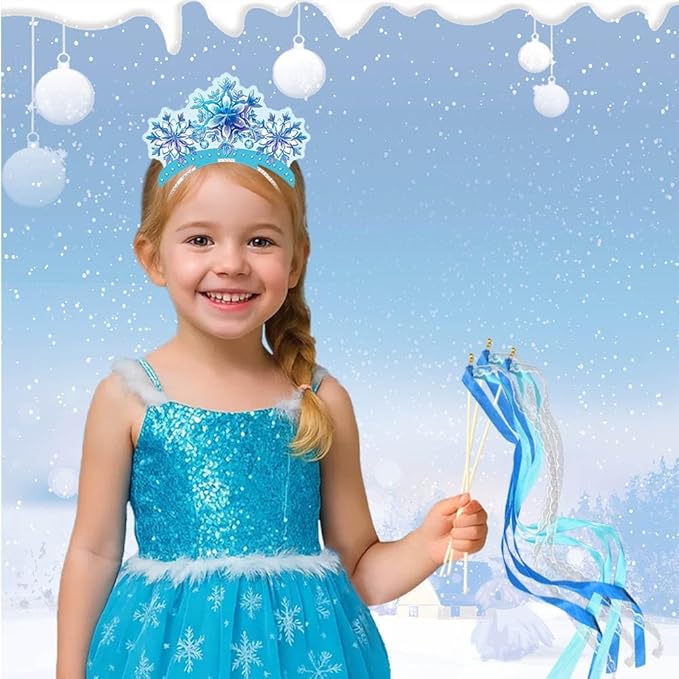 16Pcs Snowflake Headband and Princess Fairy Wand Set, 8Pcs Winter Princess Wands and 8Pcs Angel Snow Flake Crown Headbands, Ice Dress Up Kit for Xmas Winter Themed Birthday Party