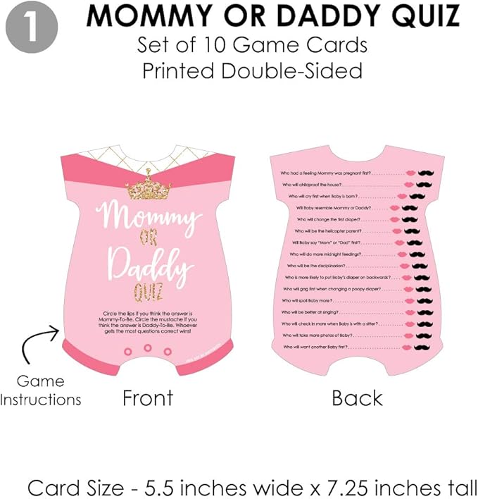 Big Dot of Happiness Little Princess Crown - 4 Pink and Gold Princess Baby Shower Games - 10 Cards Each - Who Knows Mommy Best, Mommy or Daddy Quiz, What’s in Your Purse and Oh Baby - Gamerific Bundle