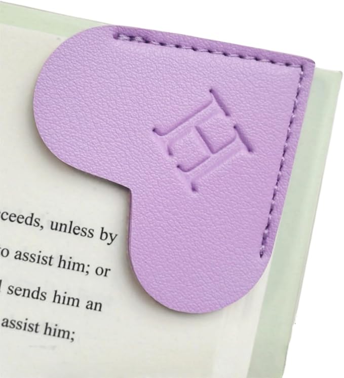MOTEERLLU Personalized Leather Heart Bookmark with Initials, Handmade, Letter Cute Custom Corner Book Marks for Reading Women, Teachers, Students, Book Lovers, Book Accessories(Purple,H)