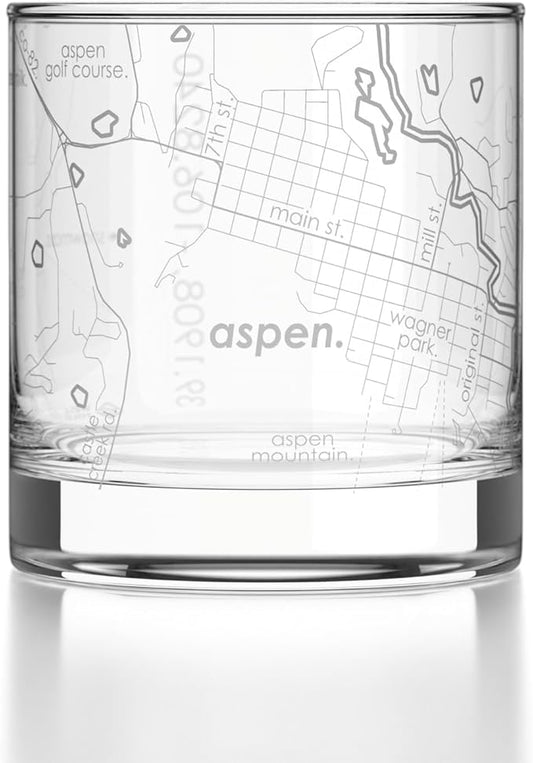 Well Told Engraved Aspen Colorado Map Rocks Glass, Old Fashioned Glassware (11 oz, Clear) Etched Bourbon Tumbler, Gifts For Whiskey Lovers