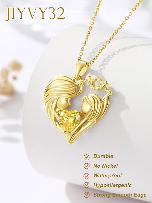 Mother and Daughter/Son Love Heart Necklace White Gold/14K Gold/Rose Gold Birthstone Jewelry Christmas Mothers Day Birthday Gifts For Mom Wife Grandma Women