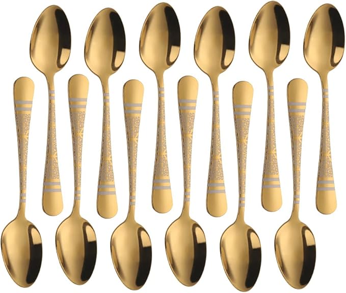Gold Unique Pattern Design Coffee Espresso Spoons Mini, Mingcheng Stainless Steel Small Teaspoons Silverware Set of 12, BISDARUN 5.5 Inches Food Spoons for Demitasse Dessert Tea