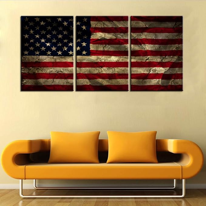 Native American Wall Art Folds Creases Retro Paintings 3 Piece Canvas Grunge Pictures for Living Room Patriotism Artwork Modern Home Decor Wooden Framed Ready to Hang Posters and Prints(42''Wx20''H)