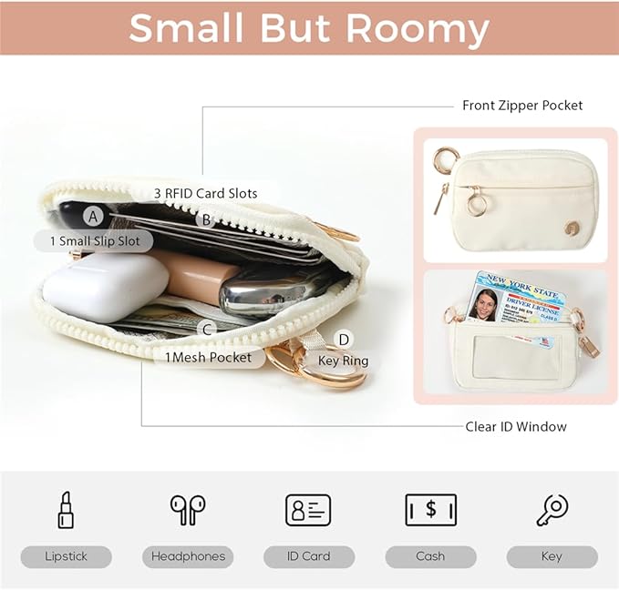 Wristlet Keychain Wallets for Women RFID Blocking Credit Card Holder Small Zipper Coin Purse Change Pouch with ID Window and Detachable Wrist Strap Beige