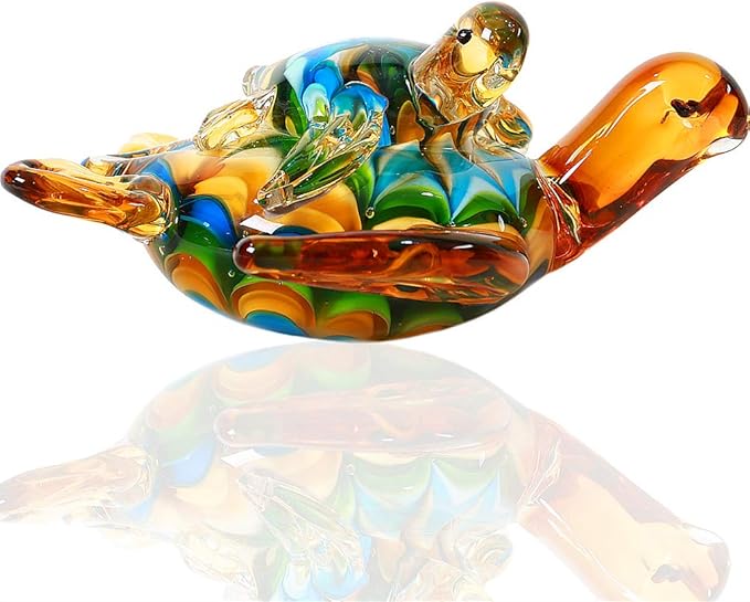 EUSTUMA Hand Blown Glass Sea Turtle Figurines Ornament,Sea Animal Ornament for Home Decor,Sea Animals Collection for Birthday Gift,Glass Tortoise Sculpture