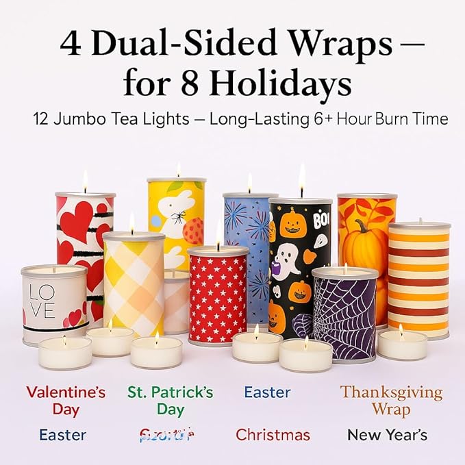 Reusable Interchangeable Candle, Decorative Wrap Design, Customizable Holiday Home Décor, Refillable Giftable Accent for Seasonal Styling