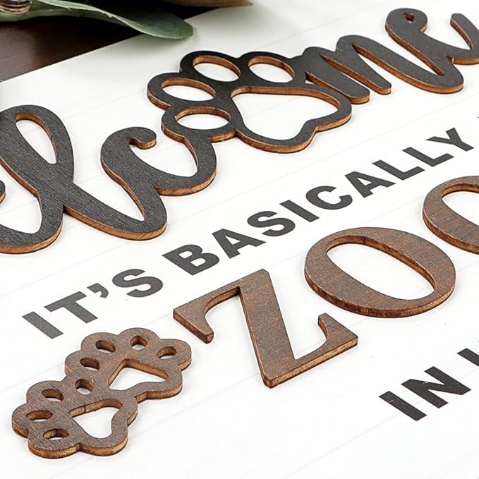 TOARTi 3D Rustic Front Door Welcome Sign Hanging with Bow-Knot Wreath, It's Basically A Zoo in Here Funny Home Porch Wall Decoration, Cute Dog Paws Pet House Decor for Pet Lover Owner Gift