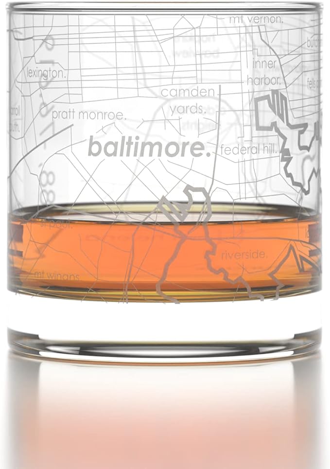 Well Told Engraved Baltimore Maryland Map Rocks Glass, Old Fashioned Whiskey Glass (11 oz, Clear) Etched Whiskey Glass, Gifts For Whiskey Lovers