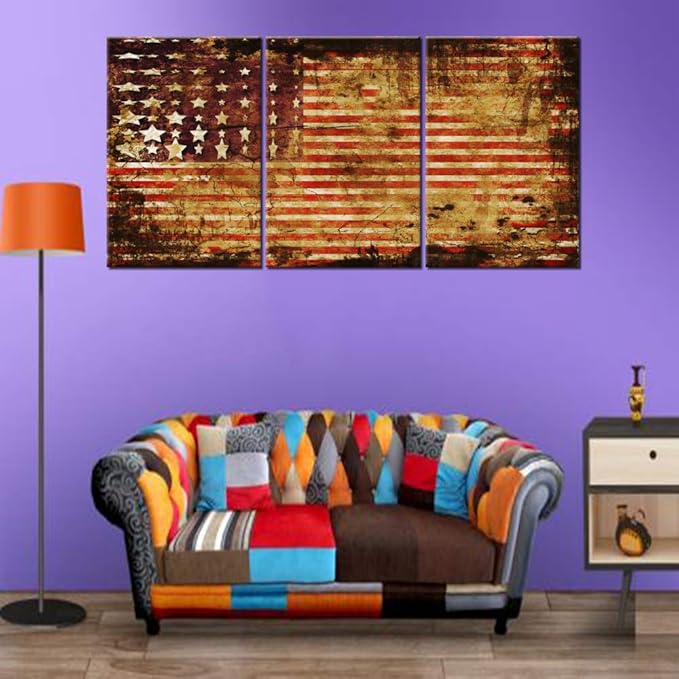 3 Panel Canvas Wall Art Stars Stripes Prints Paintings for Living Room America Flags Grunge Artwork Giclee Patriotism Modern Pictures Home Decoration Framed Gallery-Wrapped Ready to Hang(48''Wx24''H)