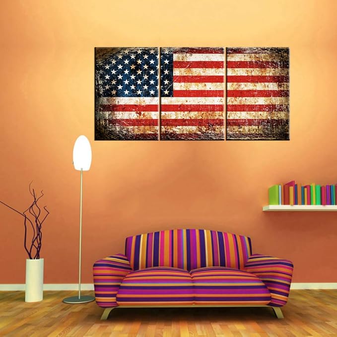 Wall Art for Living Room Native American Flag Red Pictures Star Stripes Patriotic Paintings 3 Piece Prints Artwork on Canvas Modern House Decor Framed Gallery-Wrapped Ready to Hang(42''Wx20''H)