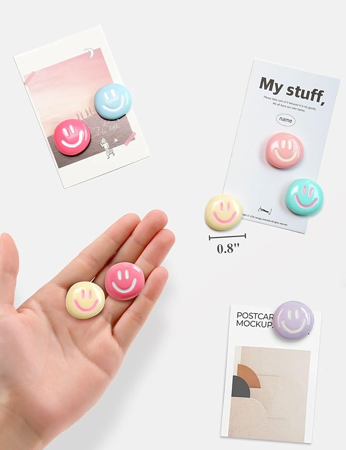 Mymazn Fridge Magnets Cute Refrigerator Magnets, 12Pcs Colorful Magnets for Whiteboard Cabinet Locker, Resin Smile Face Decorative Magnets for Classroom Kitchen Office