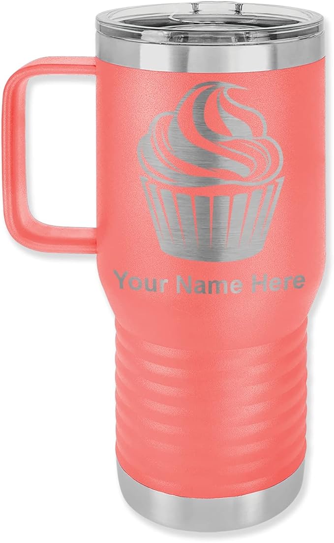 LaserGram 20oz Vacuum Insulated Travel Mug with Handle, Cup Cake, Personalized Engraving Included (Coral)