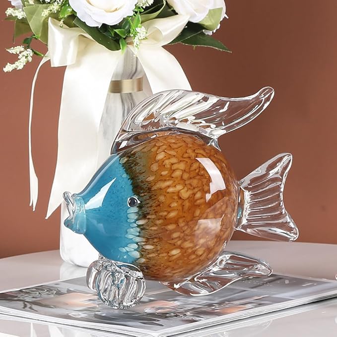 QIANLING Glass Fish Figurines - Coastal Home Decor, Modern Ocean Centerpieces for Living Room, Dining Area, Bathroom, Office, Coffee Table, Beach House, Nautical, Seaside, Entrance, Shelf Display