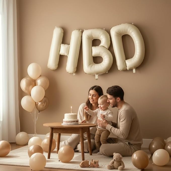 40 Inch Cream HBD Balloons for Boho Birthday Party Decorations, Giant Beige HBD Letter Foil Mylar Balloon Banner Helium Supported, Ivory White Sand Neutral Happy Birthday Sign for Girls Women Boys Men