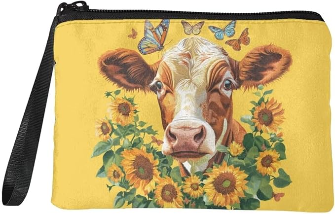 Dolyues Cow and Sunflower Coin Wallet Small Purse Womens Travel Wallets Small Coin Purse Change Pouch Bag Wristlet Strap Design Handbag Soft
