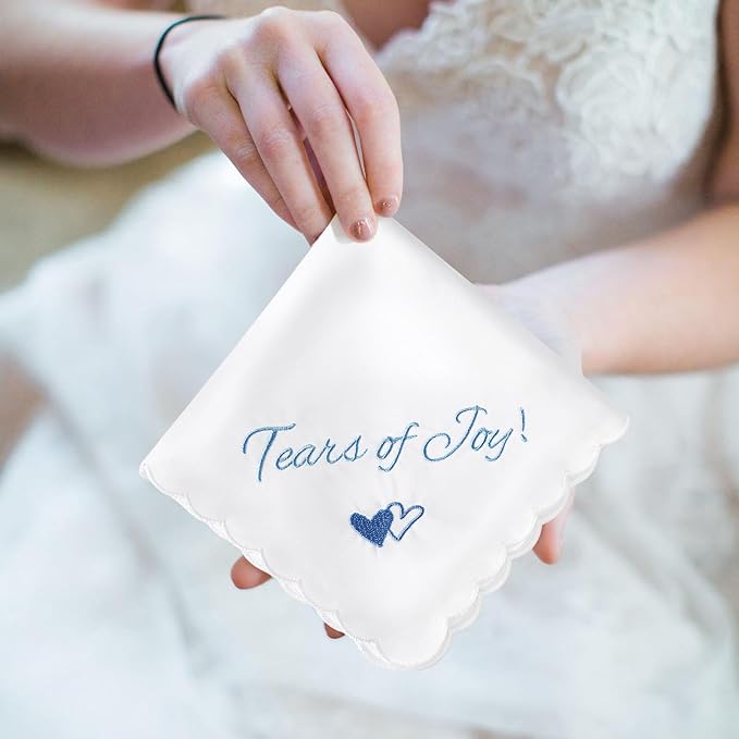 Wedding Handkerchief Something Blue for Bride, Mother Father of the Brides Groom Gifts, Embroidered Happy Tears Cotton Hanky