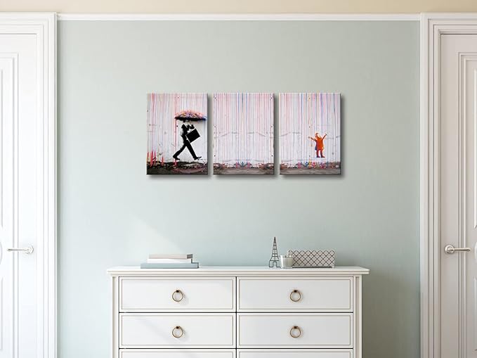 Wieco Art 3 Piece Banksy Famous Canvas Paintings Wall Art Raining day Modern Inspirational Grey Love Pictures Print Artwork for Kitchen Home Office Decor