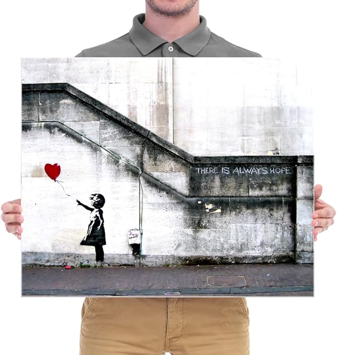 Wieco Art Banksy Grafitti Girl with Red Balloon Large Modern Gallery Wrapped Giclee Canvas Prints Artwork Grey Love Pictures Paintings on Canvas Wall Art for Living Room Bedroom Home Decorations