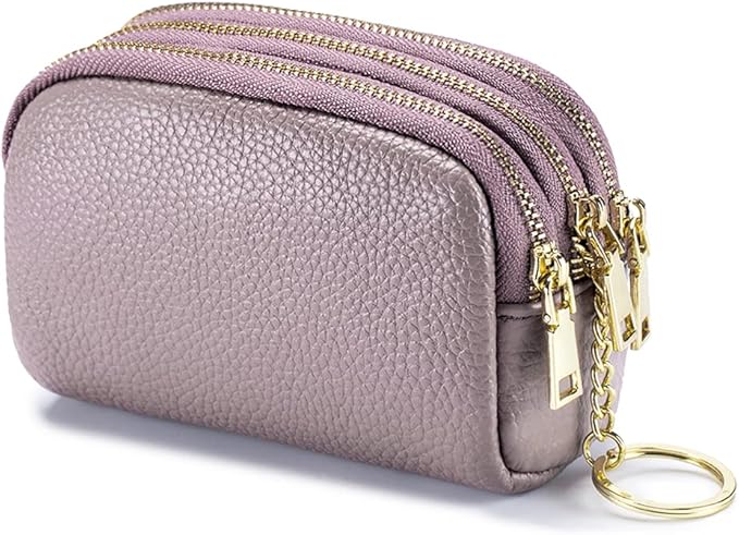 LINNO 3 Zippered Genuine Leather Coin Purse Triple Capacity Change Pouch Little Travel Wallet With Key Ring for Women
