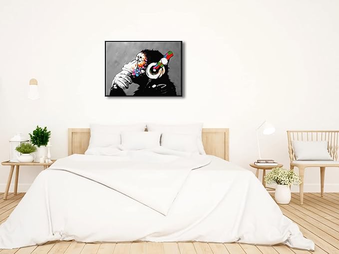 Wieco Art Black Framed Monkey With Headphones Banksy Graffiti Art Abstract Canvas Painting Posters and Prints Animal Canvas Wall Art for Wall Decor and Home decorations