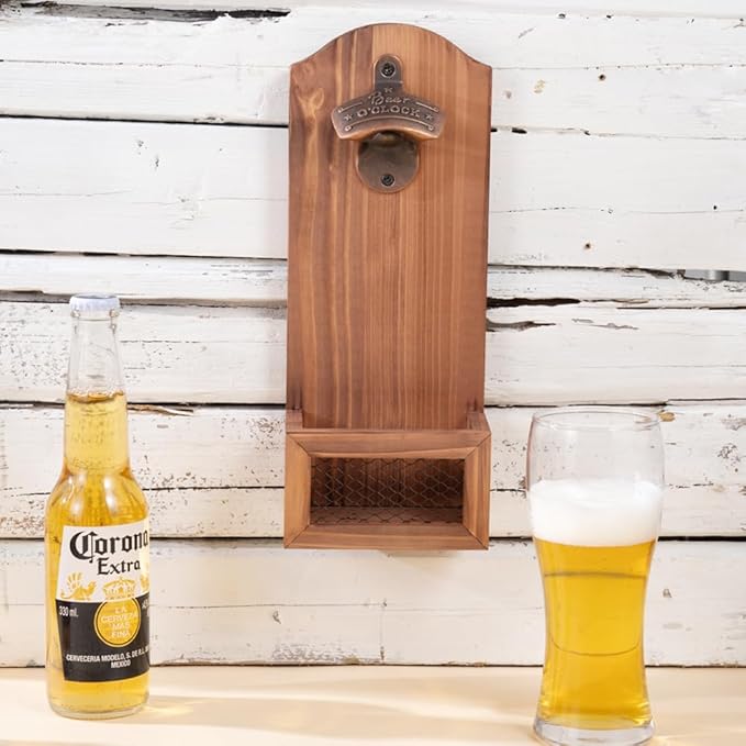 Bottle Opener with Cap Collector Catcher,Vintage Wooden Wall Mounted Bottle Opener，Ideal Gift for Men and Beer Lovers, Use as Bar Decoration (Beer O'Clock)