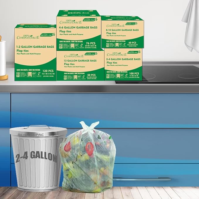 BEIDOU-PAC 3 Gallon Flap Tie Compostable Trash Bags, 100 Count Small Compost Bags, Biodegradable Kitchen Garbage Bags, Food Scrap Waste Bags for Countertop Bin, ASTM D6400, US BPI Certified