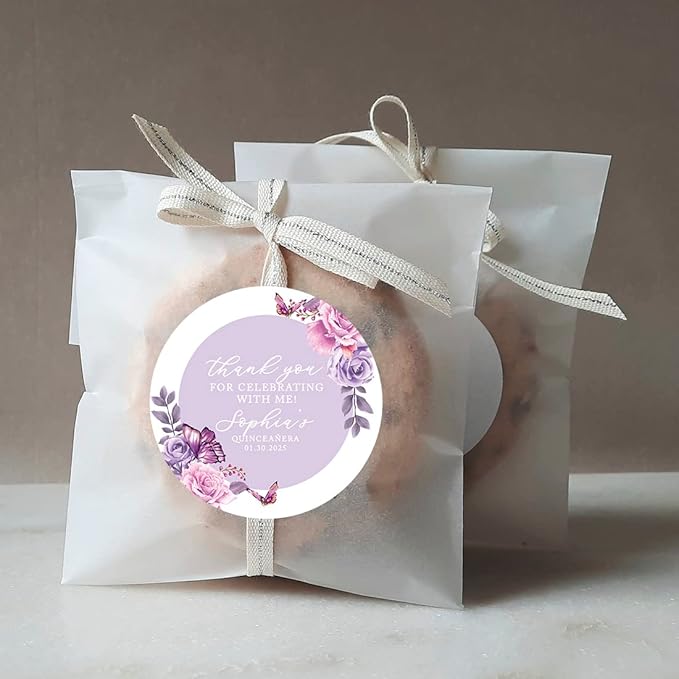 Andaz Press 40-Pack Personalized 2" Round Circle Quinceañera Labels, Lilac Butterflies Custom Thank You Sticker Labels for Quince Años, XV, 15th Birthday Favor Gifts, Quinceanera Decorations