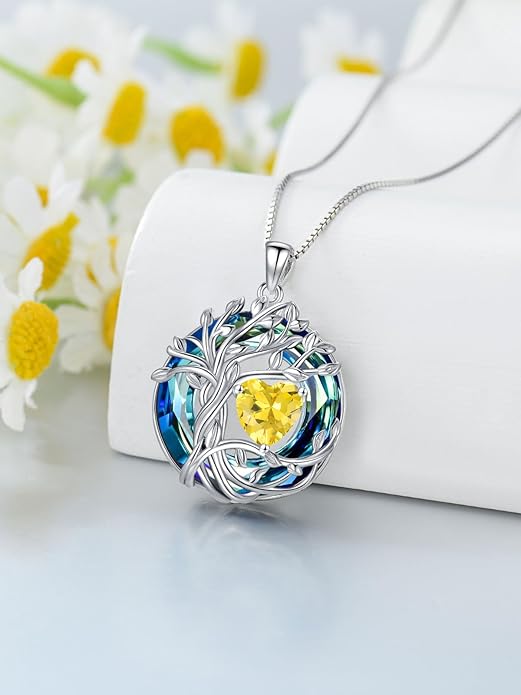 TOUPOP Tree of Life Birthstone Necklace 925 Sterling Silver Pendant Austrian Crystal Jewelry Anniversary Valentine's Day Birthday Gifts for Women Mom Her Wife