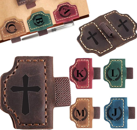 Custom Bookmark with Pen Holder with 26 Letters Personalized Magnetic Leather Book Mark, Customized Name Book Marker Clip with Initial for Men Women, Gifts for Book Lovers, Readers, (Coffee, Cross-1)
