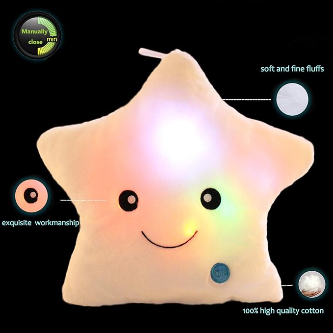 Twinkle Star Shaped Plush Throw Pillow, Creative LED Night Light Glowing Cushions Plush Stuffed Toys Gifts for Kids, Decoration (White)