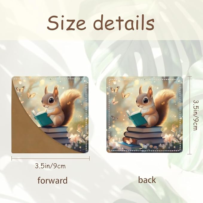 2PCS Leather Bookmarks 3.54 x 3.54 Inch Spring Squirrel Reading with Blossoms Design Reading Accessories for Books Journals Bibles Travel Diary Students Teachers and Book Lovers Gift
