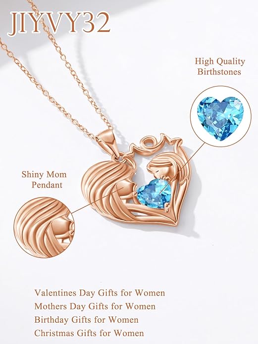 Mother and Daughter/Son Love Heart Necklace White Gold/14K Gold/Rose Gold Birthstone Jewelry Christmas Mothers Day Birthday Gifts For Mom Wife Grandma Women
