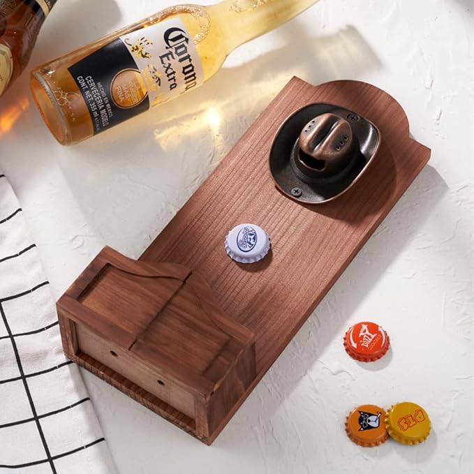 Western Cowboy Hat Bottle Opener, Vintage Wooden Wall Mounted Bottle Opener，Ideal Gift for Men and Beer Lovers, Use as Bar Decoration.