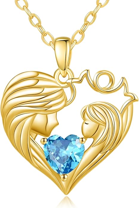 Mother and Daughter/Son Love Heart Necklace White Gold/14K Gold/Rose Gold Birthstone Jewelry Christmas Mothers Day Birthday Gifts For Mom Wife Grandma Women