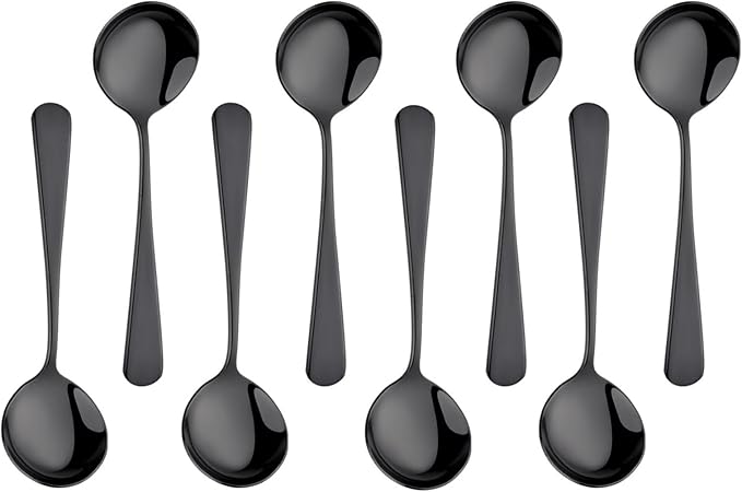 Buyer Star 8 Pieces Stainless Steel Round Soup Spoon, 6.3 Inch Mirror Polished Spoon Cutlery, Dishwasher Safe (Black)