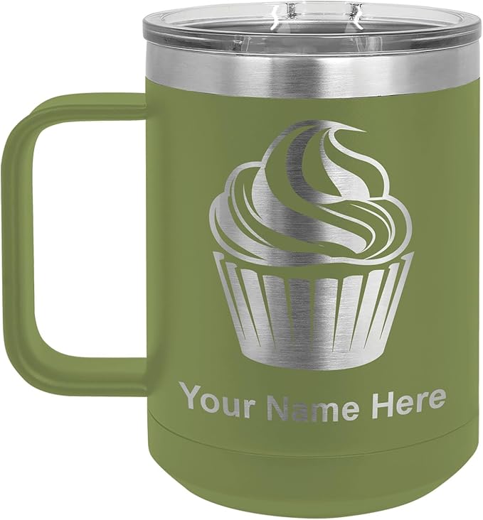LaserGram 15oz Vacuum Insulated Coffee Mug, Cup Cake, Personalized Engraving Included (Camo Green)