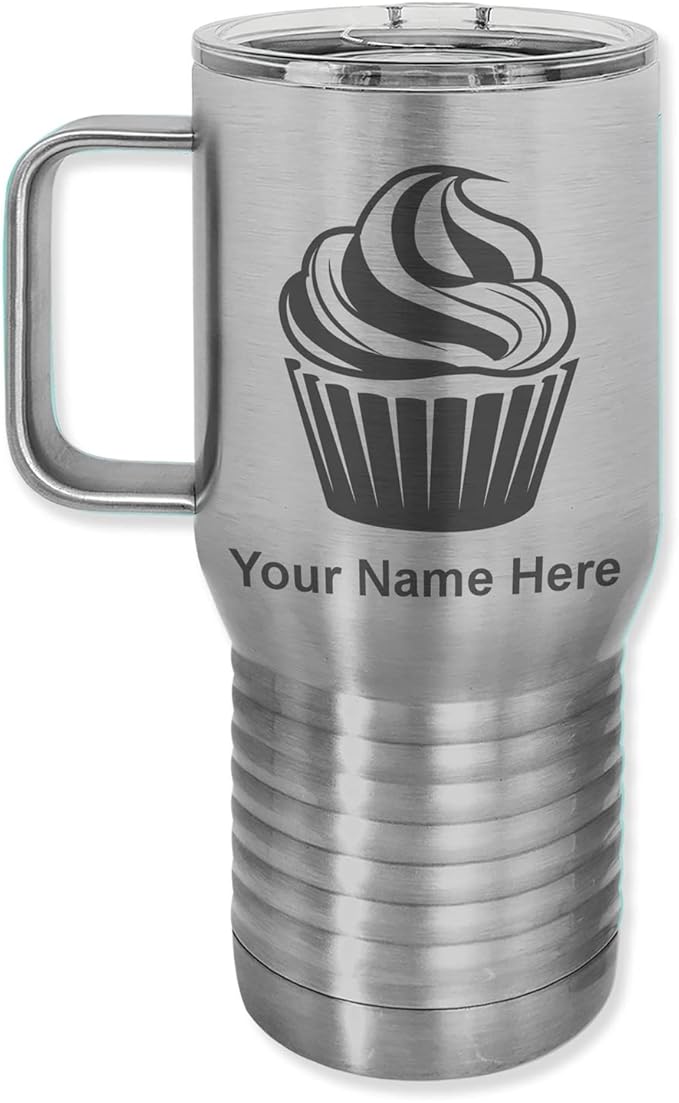 LaserGram 20oz Vacuum Insulated Travel Mug with Handle, Cup Cake, Personalized Engraving Included (Stainless Steel)