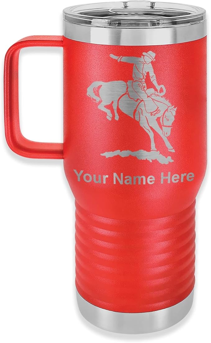 LaserGram 20oz Vacuum Insulated Travel Mug with Handle, Bronco Rider, Personalized Engraving Included (Red)