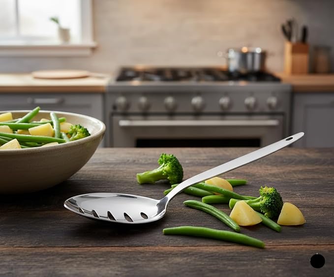 Chef Kunz Slotted Spoon | 18/10 Stainless Steel Serving Sauce Spoon | 9 Inches Plating Daily Chef Cooking Spoons (Slotted)