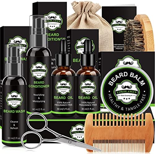 Beard Kit for Men Fathers Day Dad Gifts with Beard Wash, Beard Conditioner, Beard Oil, Beard Balm, Brush, Comb, Scissors, Storage Bag, Gifts for Men Dad Husband Boyfriend by LOKDLAWEN