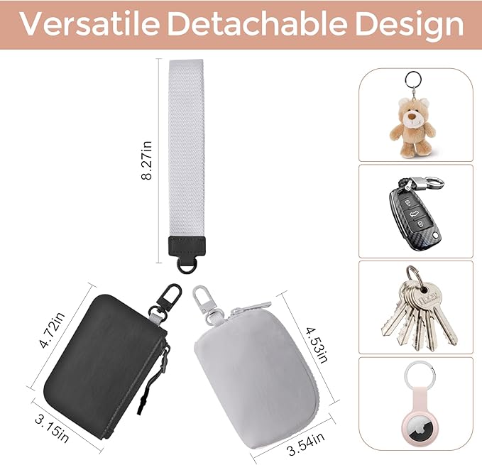 Dual Pouch Wristlet Keychain Wallets for Women with 2 Detachable Zipper Coin Purse - Small and Portable Mini Card Wallet for Women Men Black+Grey