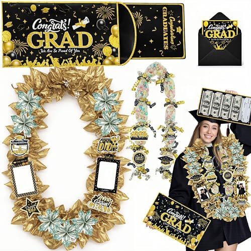 Class of 2026 Graduation Leis with Money Gift Set, 2 pcs Candy Lei Graduation Cash Holder,Personalized Graduation Gifts Money Leis with Photo Frame Congrats Grads Gift Idea for Graduate Party Supplies-Gold Black by Unknown