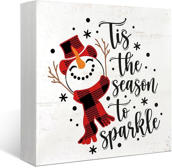 Mtrgdn Christmas Snowman Decor Sign,Winter Tis the Season to Sparkle Snowman Wooden Box Sign,Christmas Decorations for Home Bathroom Bedroom Office Table Desk Shelf Wall Decoration,5x5 Inch
