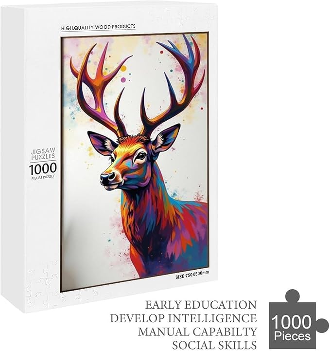 Wooden Puzzles 1000 Piece，Color Abstract Deer Painting Themed Jigsaw Puzzles，Challenge Puzzles，Educational Games，Family Puzzles，Unique Gifts for Wall Art，Funny Puzzles，Stress Relief Games