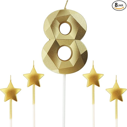 Golden Number 8 Birthday Candles and Star Birthday Candles 2.76 inch Birthday Cake Candles 3D Diamond Shaped Candles are Suitable for Birthday Parties and Anniversary Cake Decorations Candles(Gold 8)