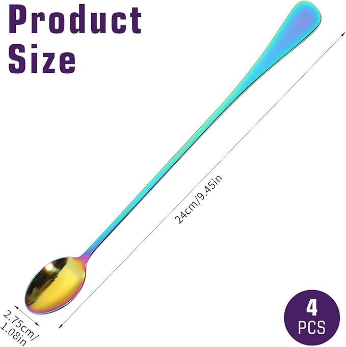 Long Handle Spoon 9.5-Inch Long Handle Ice Tea Spoons 4PCS Stainless Steel Iced Teaspoon for Mixing Tea, Coffee, Milkshake, Cold Drink Iced Teaspoons Long Coffee Spoons