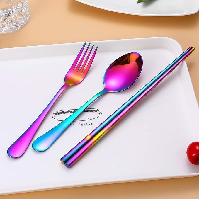 Travel Utensils,Reusable Silverware Set To Go Portable Cutlery Set with a Waterproof Carrying Case for Lunch Boxes Workplace Camping Picnic (Rainbow)