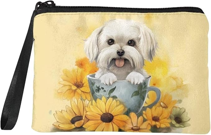 Dolyues Cute Dog Coin Purse for Women with Wrist Strap, Sunflower Wallet Travel Money Coin Bag Handbag Zipper Change Pouch