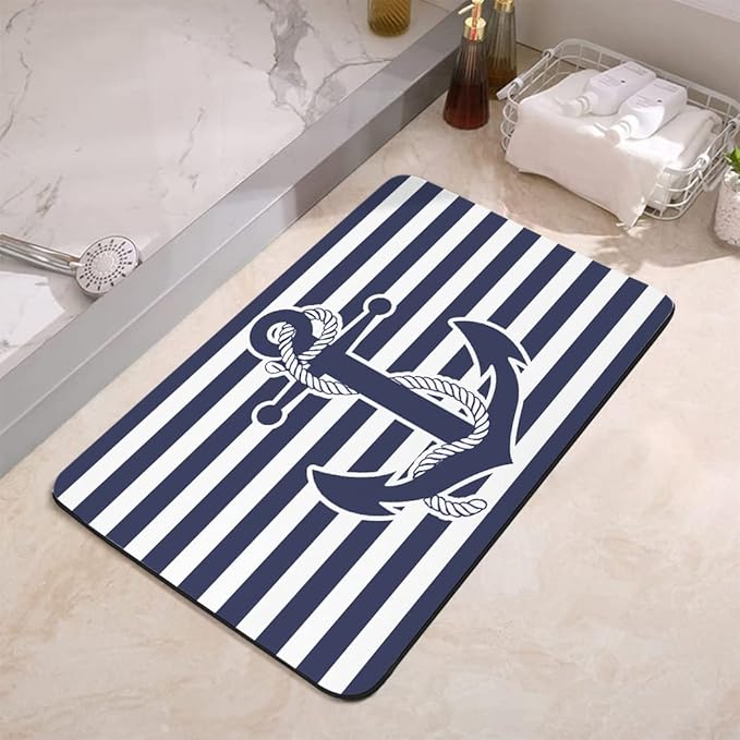 Nautical Anchor Bathroom Mat, Non-Slip Super Absorption Bath Carpet with Rubber Backing, Fit Under Bathroom Doormat Floor Rugs for Shower Buthtub Sink, 17"x24"